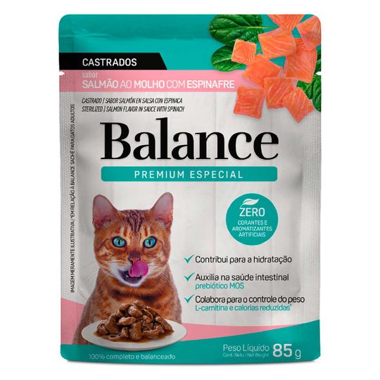 Racao-Umida-para-Gatos-Castrados-Salmao-ao-Molho-com-Espinafre-Premium-Especial-Balance-Sache-85g